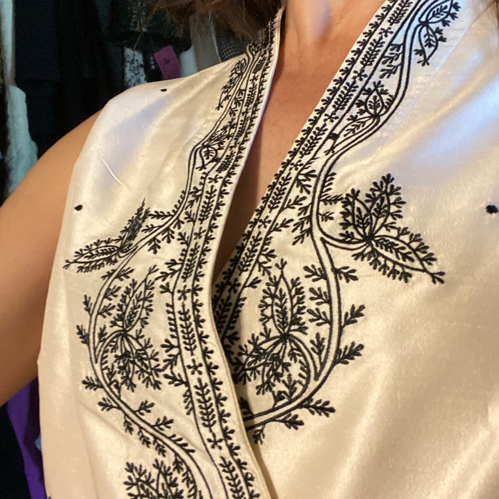 Silk off white cross over embroidery top